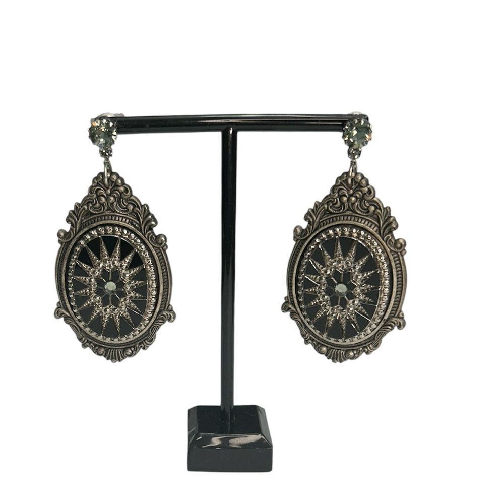 Tarina Tarantino Starburst Ornate Drop Earrings - Silver & Black Swarovski